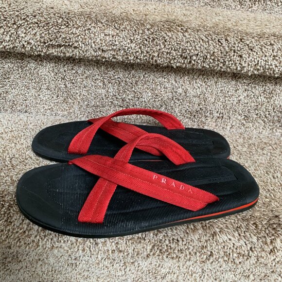 Prada Sport Red Colorblock Pattern Crossover Straps Canvas Slides - Picture 1 of 13